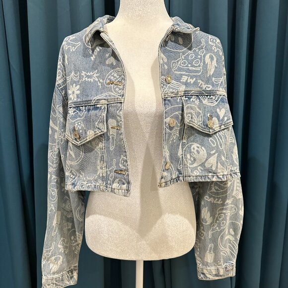 Edikted Cropped Denim Jacket & Malia Printed Wide Leg Jeans Streetwear - Picture 8 of 16